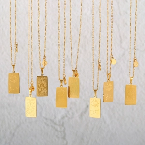 Gold stainless steel zodiac tarot card necklaces with embossed sun and moon symbols