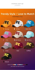 Detail view of cotton NYC baseball caps showing embroidery and ten color options