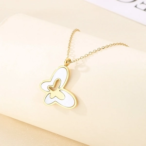 Elegant gold stainless steel butterfly necklace with white shell inlay pendant detail