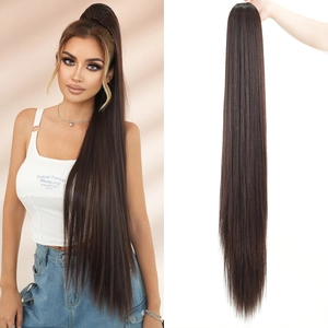 Extra long 40-inch dark brown straight ponytail extension with drawstring net