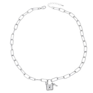 Silver paperclip chain necklace with key and padlock pendants featuring micro-set zircon