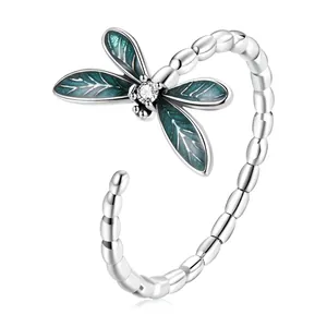 Dragonfly Open Ring 925 Sterling Silver Blue Enamel Zircon Adjustable Beaded Band Nature Inspired Jewelry For Women