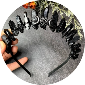 Handcrafted black crystal moon crown headband with silver pentagram goddess symbol