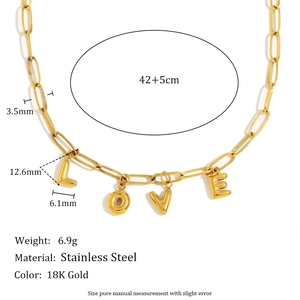 18K Gold plated stainless steel paperclip necklace with LOVE letter charms and size details