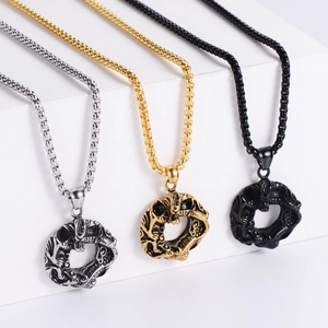 Retro dragon pendant necklace set in silver gold and black finishes with bead chains