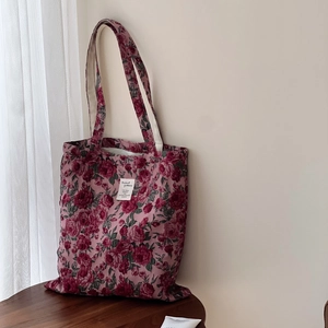 Sac À Bandoulière Sous Les Bras Jacquard Rose Vintage Femmes Sac Fourre-Tout En Toile Florale Rétro Rose Rouge Vin