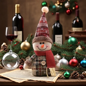 Detailed view of a handmade plaid snowman doll with a red scarf in a festive dinner setting