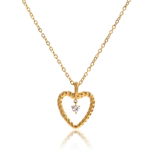 Golden twisted rope heart necklace with sparkling clear crystal pendant on white background