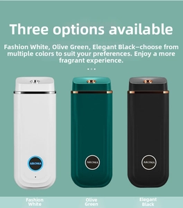 Three color options for aroma diffuser in stylish white, olive green, and smart black