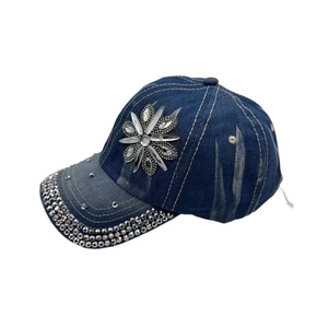 Women's vintage blue denim baseball cap with rhinestone flower pattern and studded brim