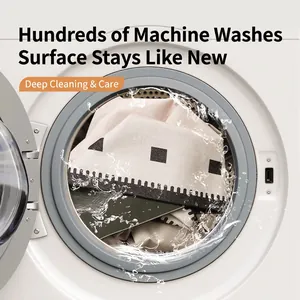 Washable chenille rug with geometric patterns being cleaned in a washing machine