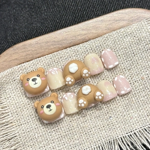 Handmade cute brown bear press-on nails set with 3D nail art for children and kids