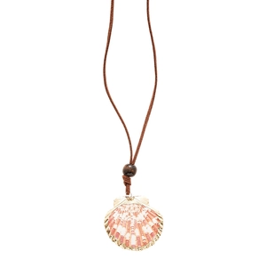 Bohemian style seashell pendant necklace with gold trim and brown adjustable cord strap