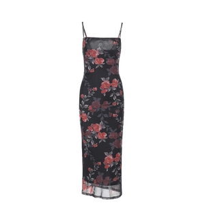Robe longue moulante à fleurs avec fines bretelles et voile en maille pour femme