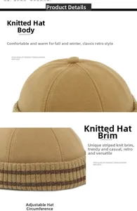 Nahaufnahme der beigen Strickmütze mit gerippter Textur und verstellbarem Rand
