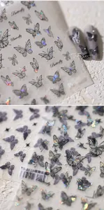 Détails d'autocollants 3D pour ongles papillon avec finition pailletée laser et texte