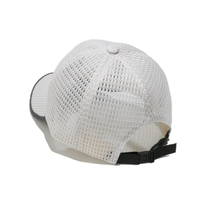 Close-up of white mesh baseball cap with black adjustable strap and plastic buckle