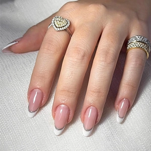 French Press On Nails Almond Shape Pink White Glossy Silver Glitter Lines Artificial Fake Nails For Women