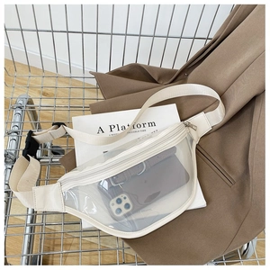 Macro shot of transparent PVC fanny pack with beige zipper detail in a shopping cart