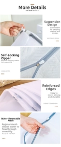 Detailed view of white mesh laundry bag with gray zipper, hanging loop and reinforced edges
