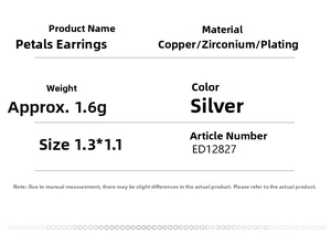 Detailed product specifications for silver flower earrings with zircon and copper