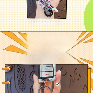 Detail view of a white miniature motorcycle keychain model with speed and power decals