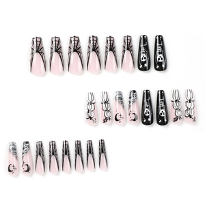 Halloween long coffin press-on nails with pink base, black skull and spider web designs
