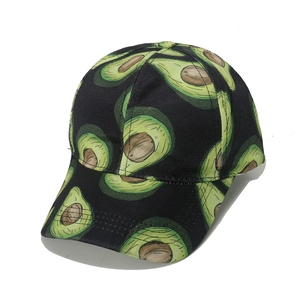 Black cotton baseball cap featuring vibrant all-over avocado print and curved visor