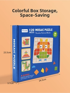Detail of 120pcs wooden pattern blocks in 3D mosaic puzzle packaging for early learning