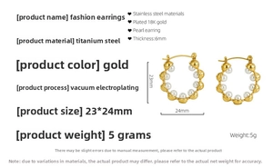Vue détaillée des créoles en acier titane plaqué or 18 carats avec perles serties