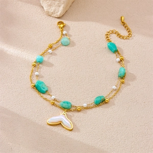 Bracelet de cheville double couche doré avec queue de sirène, perles et nacre bleue