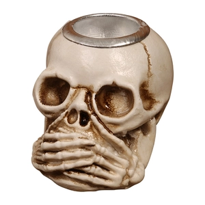 Distressed resin skull statue with hand-over-mouth design for Halloween desk decor
