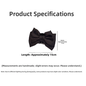 Size chart for black satin bow hair clip showing dimensions 15cm length and 11cm width