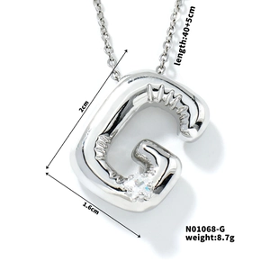 Silver balloon letter G pendant necklace with zircon and product dimension details