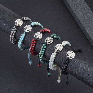 Set of six double-layer braided natural stone bracelets featuring Tree of Life metal charms
