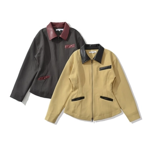 Women vintage cropped jacket with PU leather patchwork collar and zipper front
