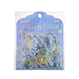 Floral PET stickers set with gold foil and laser borders in dreamy blue, 104 pieces