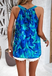 Vue arrière d'un débardeur licou tie-dye bleu et vert avec un nœud et un dos nu