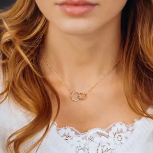 Double Interlocking Ring Necklace Stainless Steel Hammered Geometric Minimalist Chic Jewelry For Women
