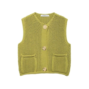 Retro yellow-green knit vest cardigan with buttons and front pockets in a sleeveless style