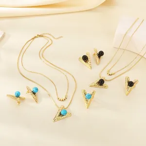 Stainless Steel Necklace Earrings Ring For Women Layered Hammered V-Shape Pendant Heart Artificial Pearl Turquoise Beads Fashion Simple Boho