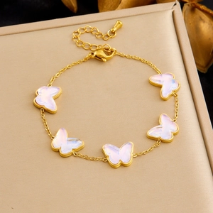 Butterfly Charm Bracelet Stainless Steel Pink Gradient Opal Style Sweet Jewelry For Women Elegant Adjustable Chain