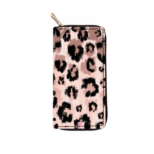 Long zip wallet with leopard print in black, pink, and beige with gold hardware