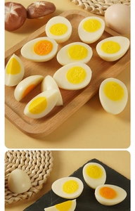 Detailed view of realistic PVC egg models showing yolk textures and various cross-sections