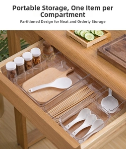 Overhead view of transparent drawer organizers holding spoons and kitchen utensils
