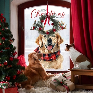 Golden Retriever Christmas window decal with floral wreath and festive text on glass