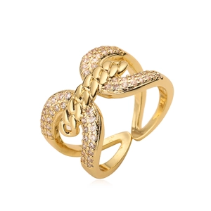 Adjustable 18K gold plated copper ring featuring a sparkling zircon twisted rope design