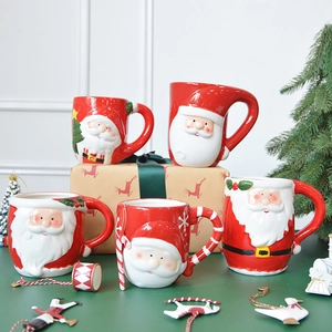 3D hand-painted Santa Claus ceramic mugs with handles for Christmas holiday gifting