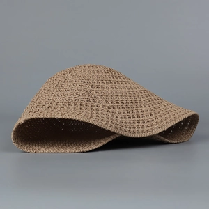 Foldable dark brown hand-woven hollow fisherman hat with deep bucket design for women