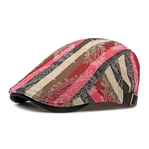 Retro striped cotton duckbill hat with vintage paisley floral patterns and adjustable buckle